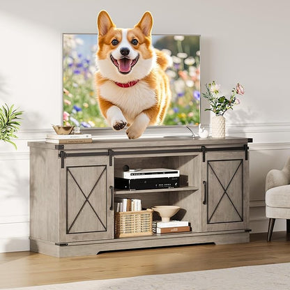 CABIHOME Farmhouse TV Stand and Entertainment Center for TV Up to 65 Inches with Sliding Barn Doors and Adjustable Shelf, TV Media Storage Console Table and Furniture for Living Room, Bedroom, Grey