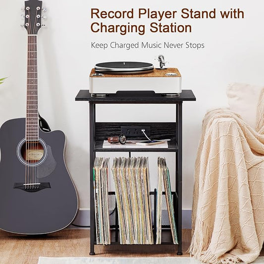 AMHANCIBLE Record Player Stand with Charging Station, Large Turntable Stand with Storage Cabinet, 3 Tier End Table Hold Up to 100 Albums, Record Stand for Vinyl, Living Room, Black, HETCD012BK-1