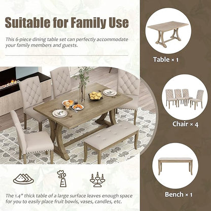 Ball & Cast Dining Table Set for 6, 60" Rectangular Dining Room Table with 4 Upholstered Chairs and 1 Bench, 6-Piece Farmhouse Dining Furniture Set with Solid Wood Legs for Kitchen,Natural Wood Wash