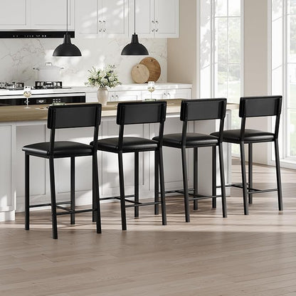 Garvee Bar Stools Set of 4, Kitchen Barstools with Thick Cushion, 25 Inch Counter Height Bar Stools with Backrest and Footrest, for Dining Room, Kitchen Island Counter Chairs, Retro Black