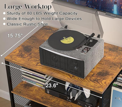 Large Record Player Stand Table with Vinyl Record Holder Up to 150PCS, AV Media Stand Stereo Cabinet Shelf Rack Tower with Storage, Sturdy, Adjustable Feet, Rustic, Large Capacity