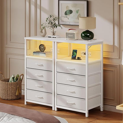 Seventable Night Stand with Charging Station, Tall Nightstand with 4 Fabric Storage Drawers, Side Table with LED Light for Bedroom, Entryway, White, Set of 2