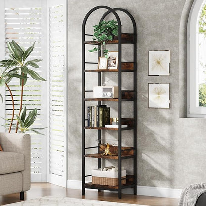 LITTLE TREE 78.7 Inches Tall Arched Bookshelf, 6 Tiers Skinny Open Bookcase with Metal Frame, Freestanding Corner Display Shelves Rack for Living Room, Home Office, Brown