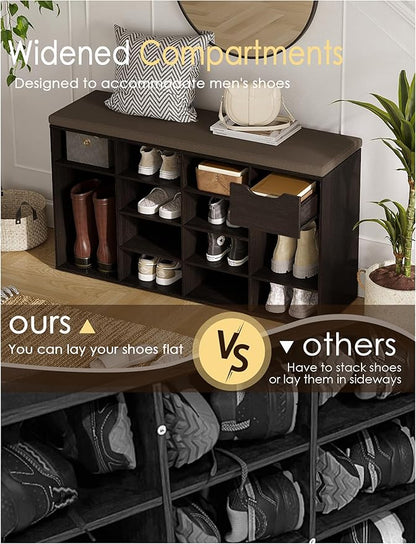 DINZI LVJ Shoe Bench, Entryway Storage Bench with Drawer and 15 Cubbies, Cubby Shoe Rack with Adjustable Shelves, Shoe Organizer Cabinet for Living Room, Bedroom, Mudroom, Closet and Garage, Espresso
