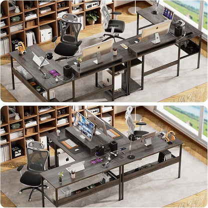 Unikito Reversible L Shaped Desk with Power Outlets and RGB LED Light, Sturdy Computer Desk with Ergonomic Monitor Stand and Storage Shelves, Corner Desk for Home Office, Easy Assembly, Black Oak