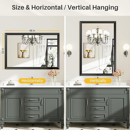 48x32 Inch Black Bathroom Mirror for Wall, Thick Metal Framed Rectangle Mirrors for Over Sink, Bedroom, Living Room, Entryway, Anti-Rust, HD Tempered Glass