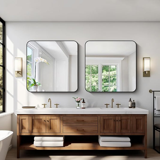 Black Bathroom Mirrors for Wall, 30"x30" Square Mirror, Rounded Corner Metal Frame Wall Mirror, Bathroom Vanity Mirror for Bedroom Living Room Entryway Horizontal Or Vertical Mounting