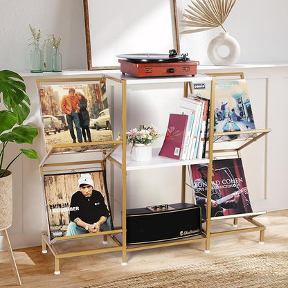 Record Player Stand with Vinyl Record Storage, Turntable Stand with 4-Tier Vinyl Display Shelf & Metal Frame, Record Holder for Living Room, Gold & White