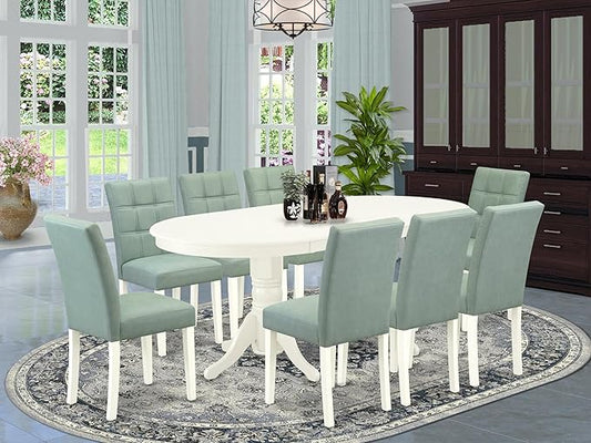East West Furniture VAAS9-LWH-43 9 Piece Dining Room Set Includes A Wooden Dining Table and 8 Willow Green Polyester Fabric Parsons Chairs, Linen White