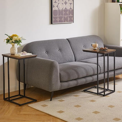 Side Table Small End Table C Shaped, Slide Under Laptop Desk for Couch, Living Room Side Table, TV Trays for Eating on Couch, Rustic Brown+Black YD-TM051HB
