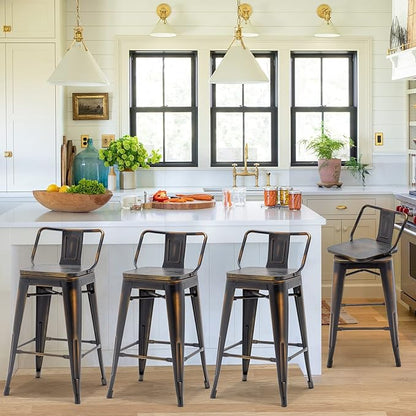 30 Inch Swivel Bar Stools Set of 4 with Backs Counter Height Industrial Metal Barstools Island Bar Chairs for Home Kitchen Dining Room (Swivel 30 inch, Distressed Gold Wooden)