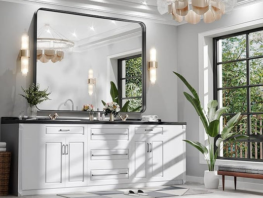 Hasipu Black Bathroom Mirror 50x40 Inch Rounded Rectangle Vanity Mirror Metal Framed Wall Mirrors Anti-Rust Surface Mount (Horizontal/Vertical)