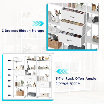 73.6" Tall Bookshelf with 3 Drawers and 16 Storage Shelves, Industrial Bookcase with 16 Open Display Shelves, Large Etagere Bookshelf, Triple Wide Book Shelf Book Case for Home & Office, White