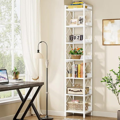 Tribesigns 78.7 Inch Extra Tall Narrow Bookshelf, 7 Tier Skinny Bookcase for Small Spaces, Freestanding Display Shelves, Multifunctional Corner Storage Organizer for Home Office, White