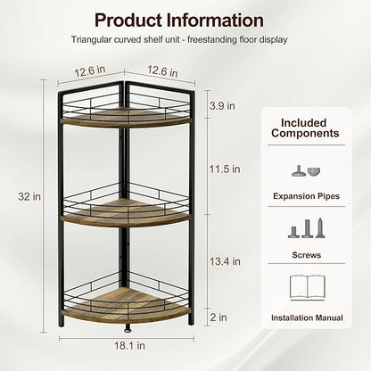 Bathroom Corner Shelf Stand, 3-Tier Small Corner Shelves, Triangular Curved Standing Bathroom Shelf Unit for Small Spaces, Ideal for Kitchen, Vanity Storage and Organization - Brown