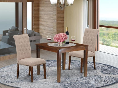 East West Furniture OXBR3-MAH-04 3 Piece Dining Room Furniture Set Contains a Square Dining Table and 2 Light Tan Linen Fabric Upholstered Chairs, 36x36 Inch, Mahogany
