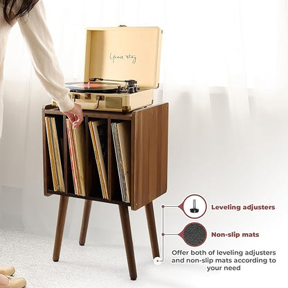 Wooden Record Player Stand, Vinyl Record Storage Holder Table with 4 Cabinets, Holds up to 100 LPs, Metal Organizer Stand, Classical Design for Files/Book (Walnut, 2 Tier)