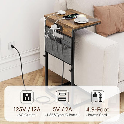 Vagusicc C-Shaped End Table Set of 2 with Charging Station, Small Side Table for Couch, Adjustable Height Couch Side Table, Slide Under Sofa Table TV Tray Tables for Living Room,Bedroom,Bedside, Brown