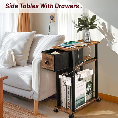 Side Table with Charging Station and Drawer, Narrow End Table with USB Ports and Outlets for Small Space, Living Room, Bedroom and Office, with 4 Wheels (1, Rustic Brown + Black)