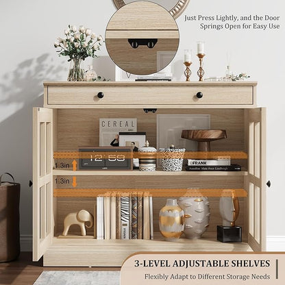 GarveeHome 35.4" Sideboard Buffet Cabinets with Glass Door, Buffet Cabinet with Storage, Oak Sideboard Cabinet with Drawer, Modern Buffets & Sideboards for Dining Room, Kitchen