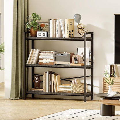 Book Shelf, 3 Tier Bookshelf 31.49" Width, Book Shelf Storage and Organization, Wooden and Metal Industrial Bookcase, Large Book Shelves for Home Living Room Bedroom Office Storage(Grey)