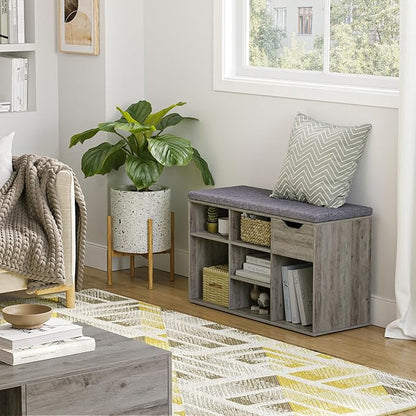 DINZI LVJ Shoe Bench, Entryway Storage Bench with Drawer and 8 Cubbies, Cubby Shoe Rack with Adjustable Shelves, Shoe Organizer Cabinet for Living Room, Bedroom, Mudroom, Closet and Garage, Grey Wash