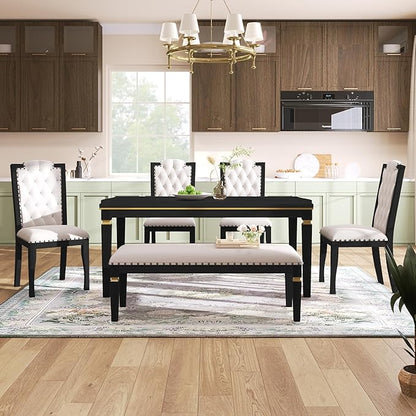 Ball & Cast Dining Table Set for 6,Kitchen Table W/ 4 High-Back Tufted Chairs & 1 Bench,6 Piece Dining Room Table Set W/ 60" Rectangular Table,for Kitchen, Living Room,Black