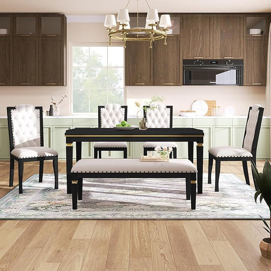 Ball & Cast Dining Table Set for 6,Kitchen Table W/ 4 High-Back Tufted Chairs & 1 Bench,6 Piece Dining Room Table Set W/ 60" Rectangular Table,for Kitchen, Living Room,Black