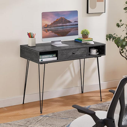 VECELO 39.3" Home Office Work Table with Drawers,Computer Desk with Hairpin Leg for Writing/Study,Charcoal Grey