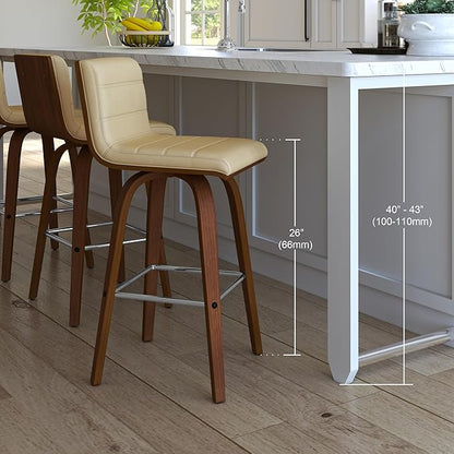 Armen Living Vienna 26" Swivel Counter Stool in Walnut Wood Finish with Cream Faux Leather - Set of 4