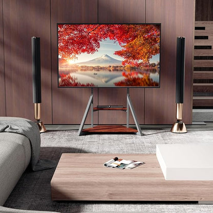 unho Floor TV Stand with Mount, for 40 45 55 65 75 inch Corner tv Stand with Wheels Adjustable Height Bracket Heavy Duty 2 Wooden Shelves Base VESA 600x400mm Max Load Bearing 176 pounds