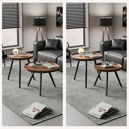 Small Round Coffee Table Set of 2, Walnut Coffee Tables for Living Room, Mid Century Modern Nesting Coffee Table, Wood Circle Center Tables, Black Wooden Side End Table, mesa de Centro para sala