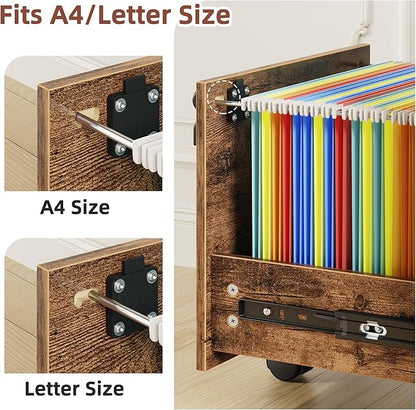 2 Wood Drawer Lockable File Cabinet with 22'' Extended Desktop, Mobile Filing Cabinet with Side Bag, Rolling Printer Stand, Fits A4&Letter Size, Home Office, Rustic Brown