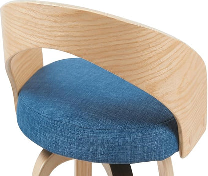 Armen Living Sonia Modern Swivel Counter Height Bar Stool with Blue Upholstered Seat and Patterned Oak Wood Finish
