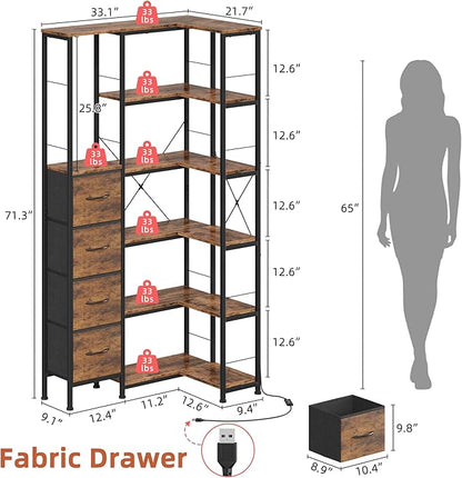 Corner Bookshelf with LED Light Strips & 4 Fabric Drawers, 6-Tier Convertible Corner Shelf with Display Shelf, Large Wood Industrial Bookcase for Living Room, Bedroom, Home Office, Rustic Brown