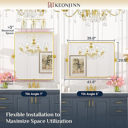 Keonjinn Large Pivot Mirror Bathroom, 40 x 30 Inch Beveled Tilt Mirror Bathroom, Gold Metal Framed Mirrors with Rounded Corner, Modern Rectangle Vanity Mirrors for Wall (Horizontal/Vertical)