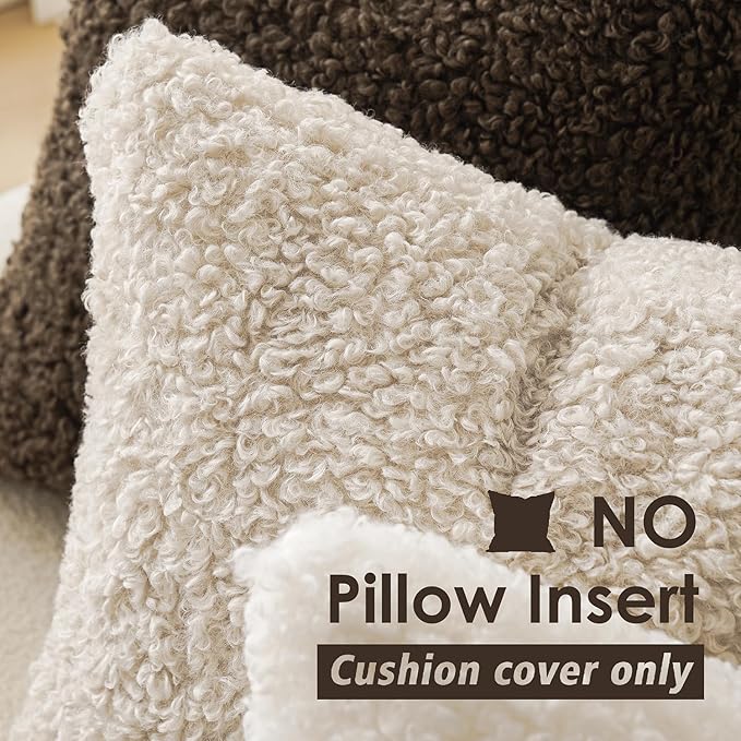 Foindtower Set of 2 Curly Teddy Wool Faux Fur Pillow Covers Decorative Boucle Textured Lumbar Throw Pillow Accent Pillowcases Sheepskin Cushion Case for for Chair and Couch 12"x20" Neutral Cream