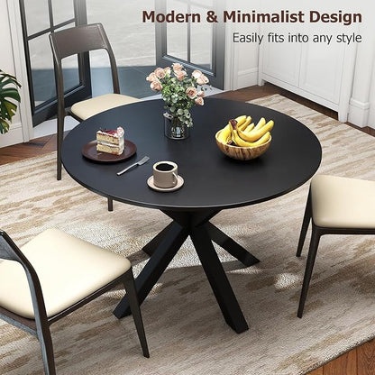 Round Dining Table, 42" Kitchen Dining Table for 4-6, Small Round Table with Metal Cross Legs, Modern Round Dining Room Table for Kitchen, Apartment, Living Room, Black