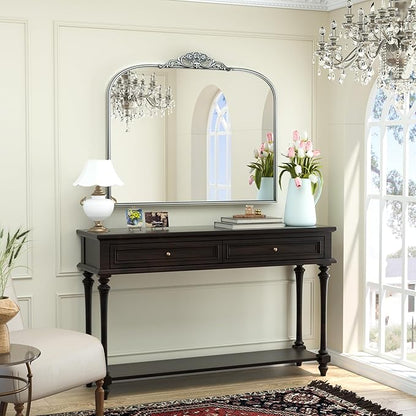 Keonjinn Vintage Mirror for Wall, 40" x 30" Silver Mirror with Metal Frame, Ornate Arched Decoration, Brass Mirror for Mantle, Living Room, French Cleat Mounting