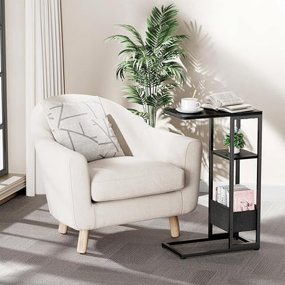 C Shaped End Table, Small Side Table for Couch, Recliner, Slide Under Sofa Tray Desk Snack Tables with Storage Bag for Living Room,Bedroom, Small Spaces - Black