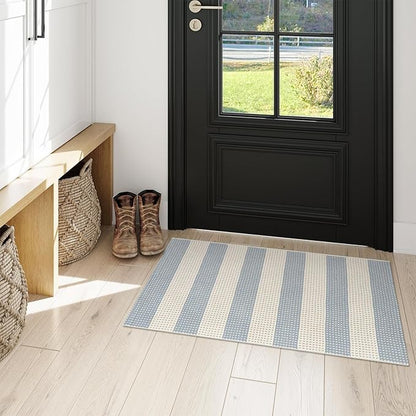 OJIA Front Door Mats Outdoor 24"x36" Machine Washable Indoor Outdoor Rugs Doormat Cotton Woven Entry Rug Striped Small Area Rugs for Front Porch/Bathroom/Farmhouse/Home Entrance (Blue/White/Tan)