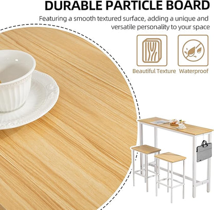 Finnhomy 52.7" Industrial Bar Table Set with 2 Stools - Counter Height Dining & Pub Table for Small Spaces, Kitchen, Apartment, Breakfast - Metal & Wood, Space-Saving Furniture - Oak Beige and White
