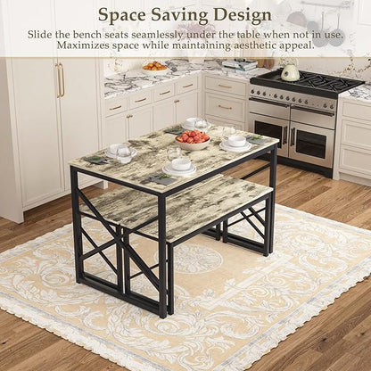 VECELO Kitchen Dining Table Set for 4, 43.3" Wood Rectangle Dinette with 2 Benches, Heavy-Duty Metal Frame for Small Space, Breakfast Nook, Grey