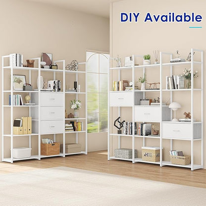 73.6" Tall Bookshelf with 3 Drawers and 16 Storage Shelves, Industrial Bookcase with 16 Open Display Shelves, Large Etagere Bookshelf, Triple Wide Book Shelf Book Case for Home & Office, White