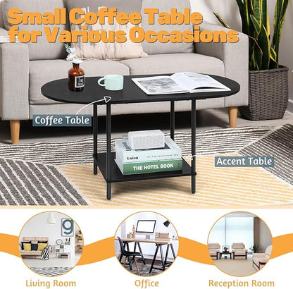 Coffee Tables for Living Room,2-Tier Small Coffee Table Industrial Modern Black Coffee Table with Storage Shelf and Wood Tabletop for Small Space,Home Office