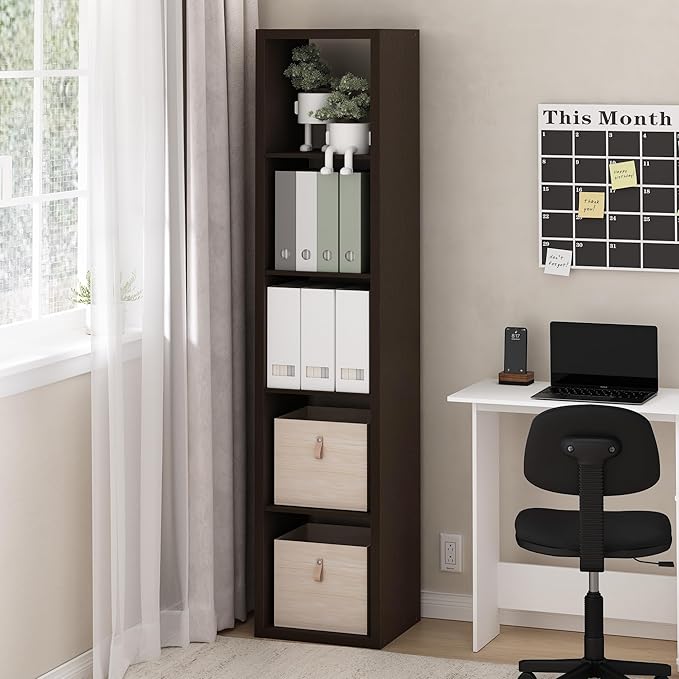 Furinno Cubicle Open Back Decorative Verticle Cube Storage Organizer, 5-Cube, Black Dark Oak