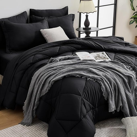 HEVUMYI Black Twin-XL Comforter Set - 5-Piece All Season Bed in a Bag Twin-XL, Ultra Soft Bedding Set with Comforter, Flat Sheet, Fitted Sheet, Pillowcases, Pillow Shams, Black