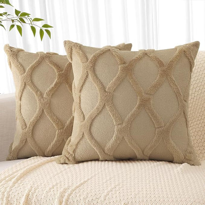 decorUhome Throw Pillow Covers 16x16 Inch Set of 2, Soft Plush Faux Fur Wool Khaki Couch Pillow Covers, Decorative Neutral Pillow Cases for Bed Sofa Living Room Home Decor