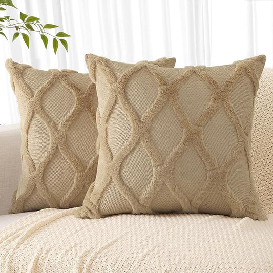 decorUhome Throw Pillow Covers 16x16 Inch Set of 2, Soft Plush Faux Fur Wool Khaki Couch Pillow Covers, Decorative Neutral Pillow Cases for Bed Sofa Living Room Home Decor