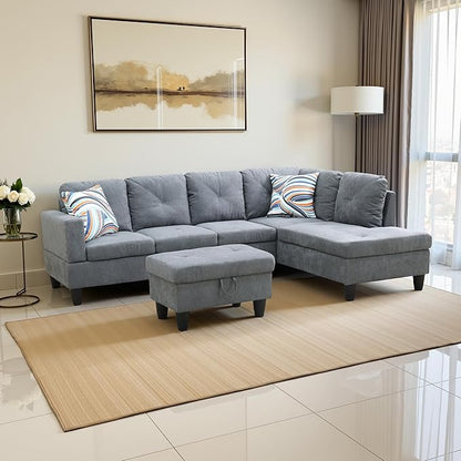 Couches for Living Room Modern L Shaped Couch Comfy Flannelette Fabric 3 Pieces Sectional Sofa with Chaise, Ottoman with Storage for Office and Small Apartment, Dark Grey
